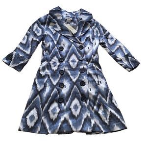 Vertigo Paris NWT Ikat Eye Double-Breasted Coat London Blue Geometric Print XS